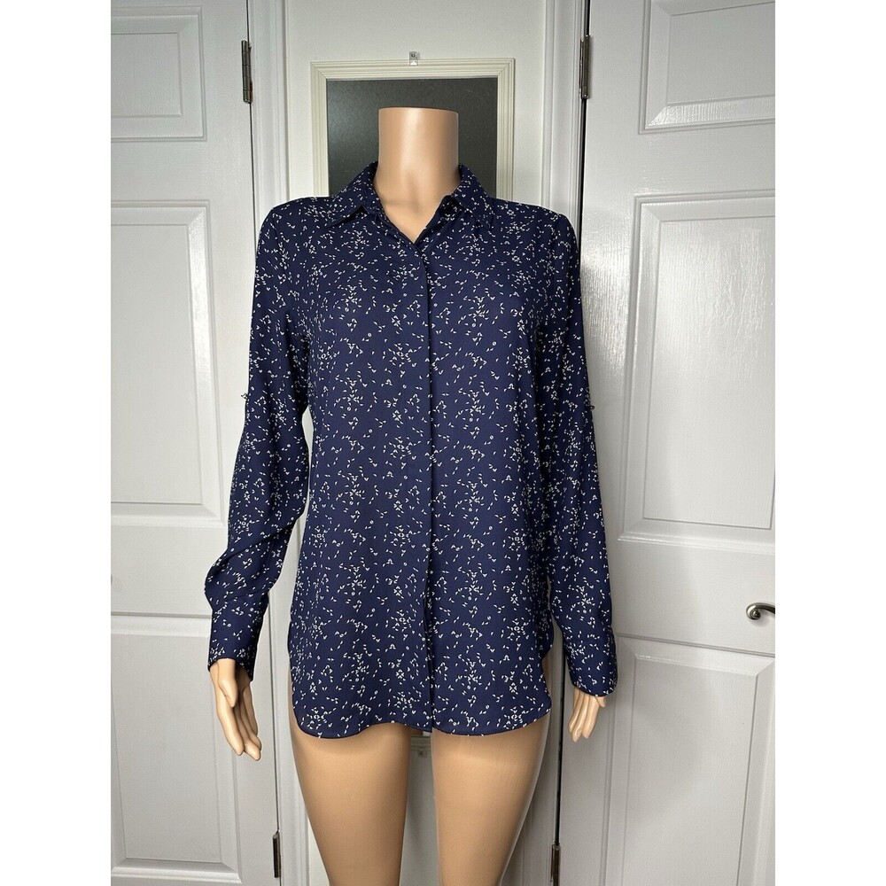Mossimo Medium Navy Blue White Long Sleeve Flowy Polyester Button Down Blouse